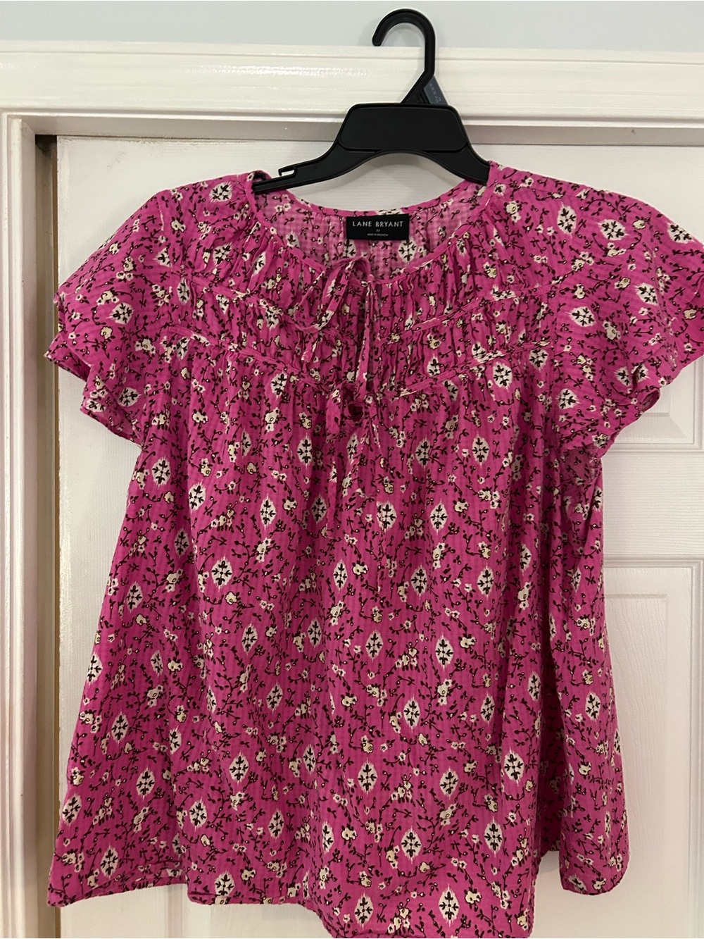 Lane Bryant Fuchsia Floral Ruffle-Tie Peasant Top